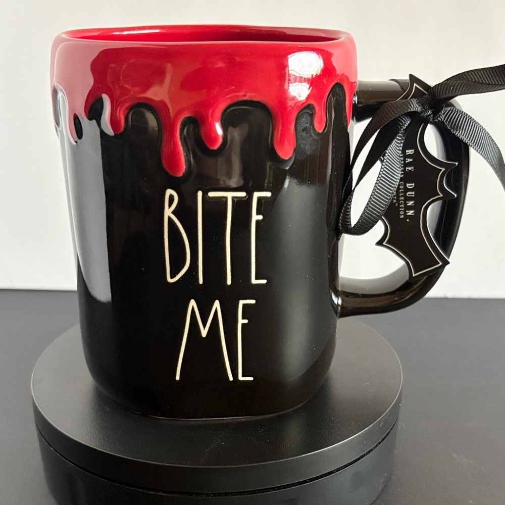 Rae Dunn Black Mug with Red Drip 'Bite Me' Design Vampire Halloween